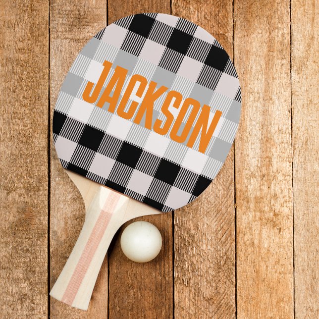 Modern Black And White Pattern Orange Text Ping Pong Paddle (modern ping pong paddle)
