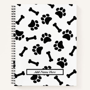 Modern Black and White Paw Print Customisable Name Notebook