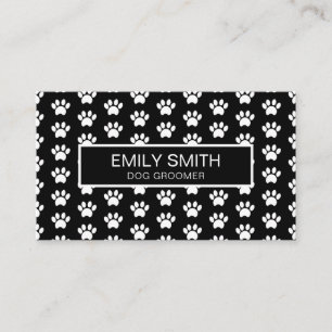 Modern Black and White Paw Print Pet Groomer Business Card
