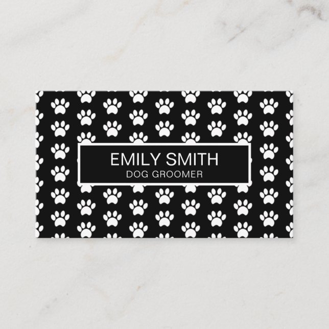Modern Black and White Paw Print Pet Groomer Business Card (Front)