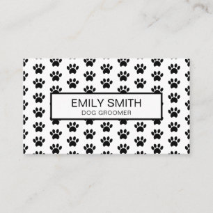 Modern Black and White Paw Print Pet Groomer Business Card