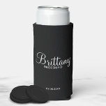 Modern Black and White Personalised Bridesmaids Seltzer Can Cooler<br><div class="desc">Modern Black and White Personalised Bridesmaids Gifts
featuring personalised bridesmaid's name in white elegant script font style with title in modern sans serif font style on black background.

Also perfect for groomsmen,  best man,  father of the bride,  maid of honour,  flower girl,  mother of the bride and more.</div>