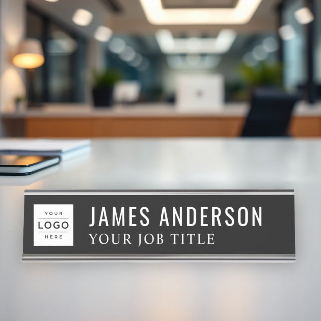 Modern Black and White Personalised Business Logo Desk Name Plate (Creator Uploaded)