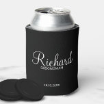 Modern Black and White Personalised Groomsman Can Cooler<br><div class="desc">Modern Black and White Personalised Groomsman Gifts
featuring personalised groomsman's name in white modern script font style with title and wedding date in modern sans serif font style on black background.

Also perfect for best man,  father of the bride,  bridesmaid,  maid of honour,  mother of the bride and more.</div>