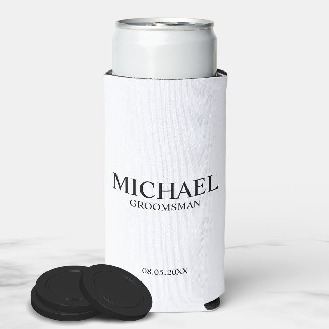 Modern Black and White Personalised Groomsman Can  Seltzer Can Cooler (Creator Uploaded)