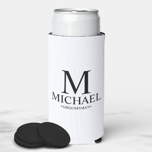 Modern Black and White Personalised Groomsman Can Seltzer Can Cooler