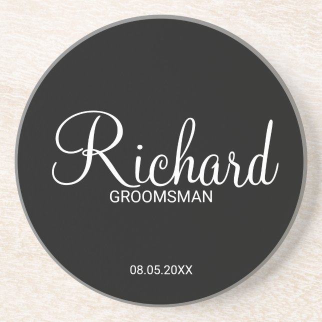 Modern Black and White Personalised Groomsman Coaster (Front)