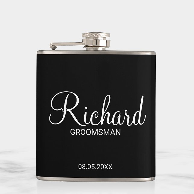 Modern Black and White Personalised Groomsman Hip Flask (Creator Uploaded)