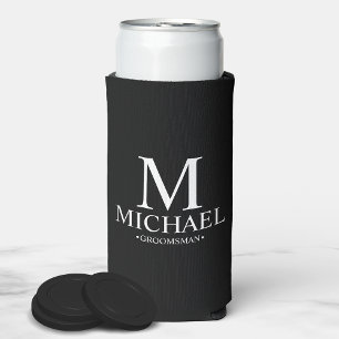 Modern Black and White Personalised Groomsman Seltzer Can Cooler