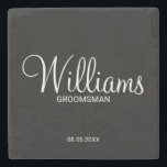 Modern Black and White Personalised Groomsman Stone Coaster<br><div class="desc">Modern Black and White Personalised Groomsman Gifts
featuring personalised groomsman's name in white modern script font style with title and wedding date in modern sans serif font style on black background.

Also perfect for best man,  father of the bride,  bridesmaid,  maid of honour,  mother of the bride and more.</div>