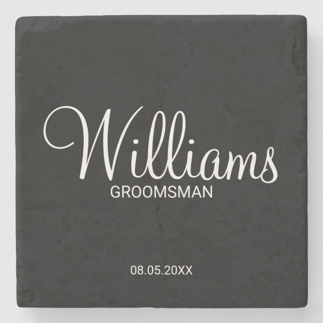 Modern Black and White Personalised Groomsman Stone Coaster (Front)