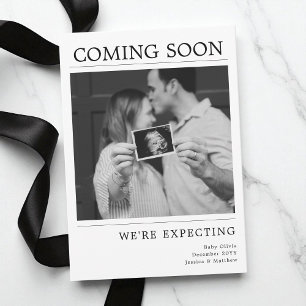 Modern Black and White Photo Baby Pregnancy Reveal Announcement