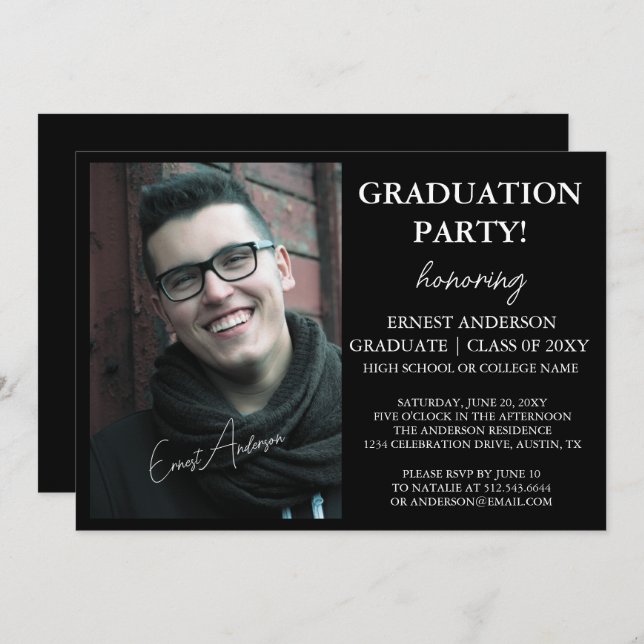 Modern Black and White Photo Graduation Invitation (Front/Back)
