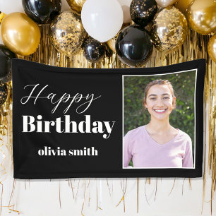 Modern Black and White Photo Happy Birthday Banner