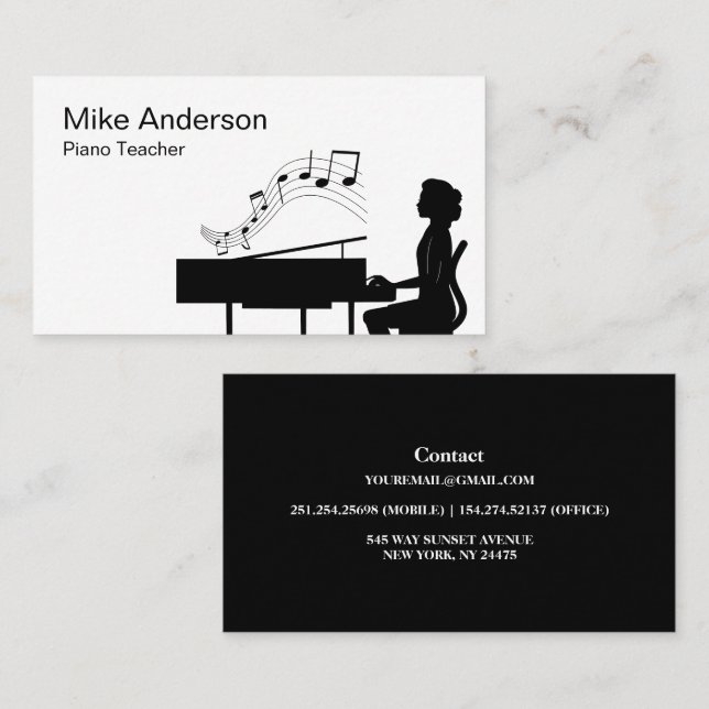 Modern Black and White Piano Teacher Business Card (Front/Back)