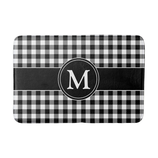 Modern Black And White Plaid Monogram Bath Mat (Front)