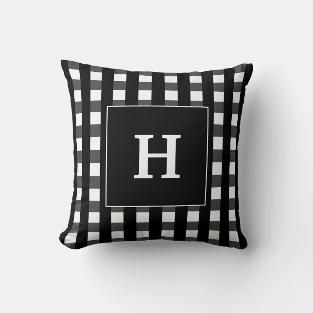 Modern Black And White Plaid Monogram Cushion (Front)