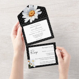 Modern Black and White Polka Dot Floral All In One Invitation