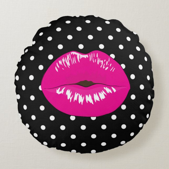Modern black and white polka dot lips kiss fashion round cushion (Front)