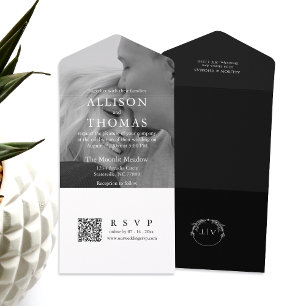 Modern Black And White QR Code Monogram Wedding All In One Invitation