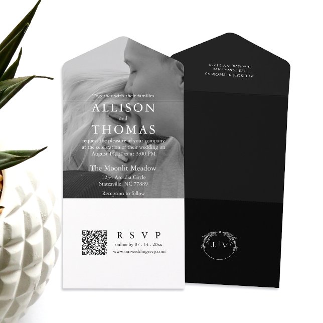 Modern Black And White QR Code Monogram Wedding All In One Invitation (Simplify your wedding with our all-in-one invitation – convenience and beauty in a single card.)