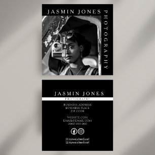 Modern Black and White QR Code Social Media Photo Square Business Card