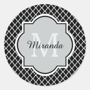 Modern Black and White Quatrefoil Monogrammed Name Classic Round Sticker