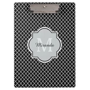 Modern Black and White Quatrefoil Monogrammed Name Clipboard