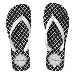 Modern Black and White Quatrefoil Monogrammed Name Jandals