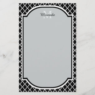 Modern Black and White Quatrefoil Monogrammed Name Stationery
