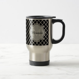 Modern Black and White Quatrefoil Monogrammed Name Travel Mug