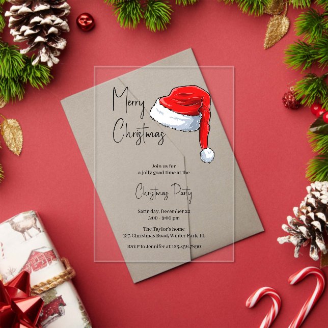 Modern Black and White Santa Hat Christmas Party Acrylic Invitations (Insitu (Holiday))