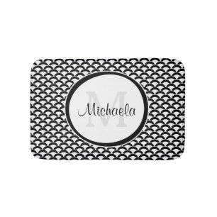 Modern Black and White Scallops Monogram and Name Bath Mat