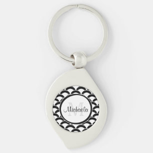 Modern Black and White Scallops Monogram and Name Key Ring