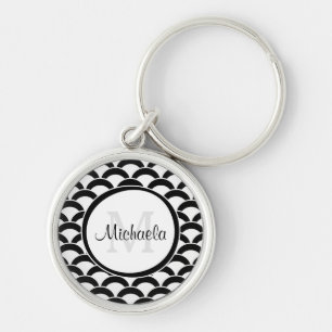 Modern Black and White Scallops Monogram and Name Key Ring