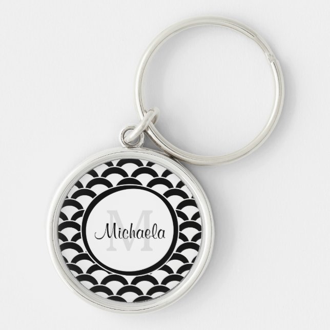 Modern Black and White Scallops Monogram and Name Key Ring (Front)