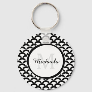 Modern Black and White Scallops Monogram and Name Key Ring