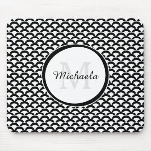 Modern Black and White Scallops Monogram and Name Mouse Pad