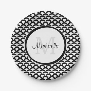 Modern Black and White Scallops Monogram and Name Paper Plate