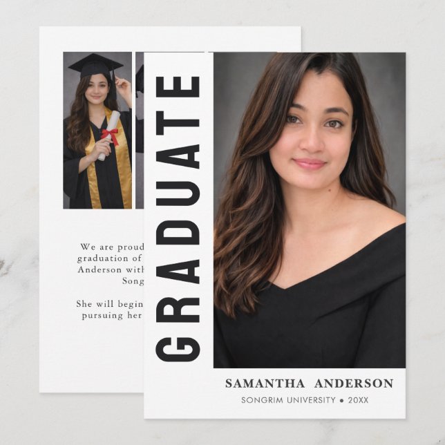 Modern  Black and White Script Graduation Photo   Announcement (Front/Back)