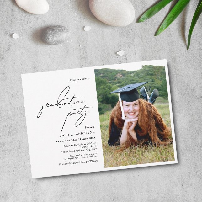 Modern Black and White Script Graduation Photo Invitation (Creator Uploaded)