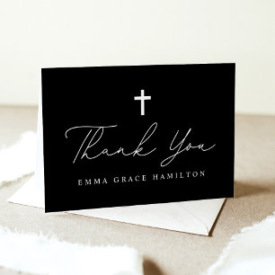 Modern Black and White Script Photo Baptism Thank You Card