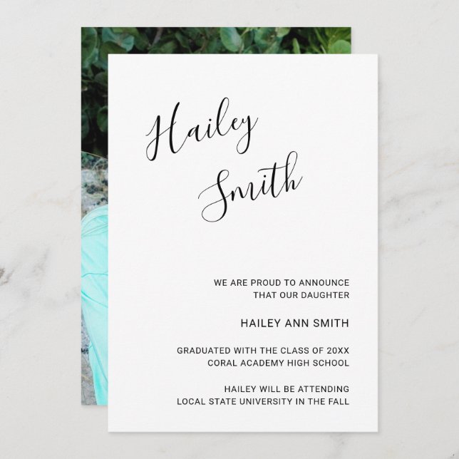 Modern Black and White Script Photo Graduation Announcement (Front/Back)