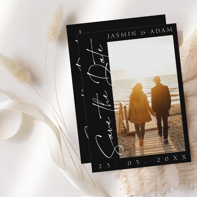 Modern Black and White Script Photo Wedding Save The Date (Creator Uploaded)