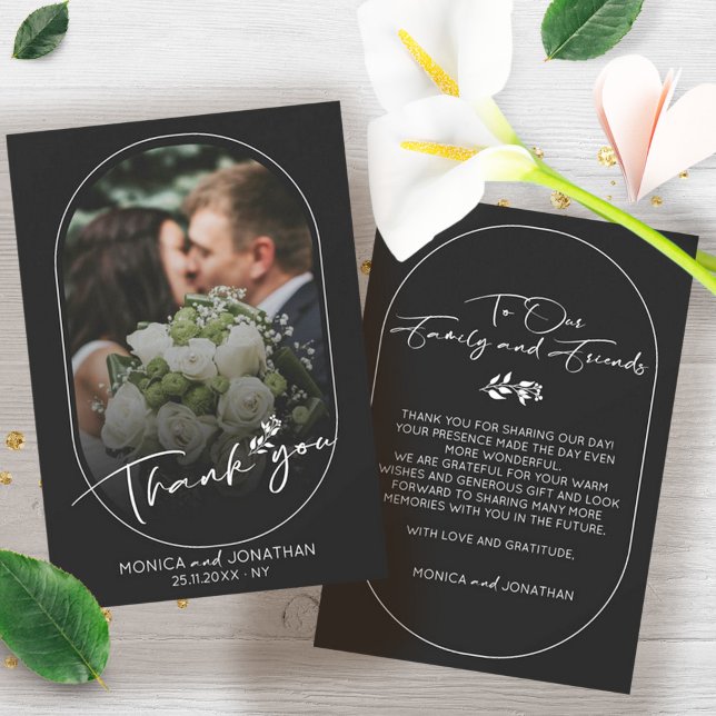 Modern Black and White Script Photo Wedding  Thank You Card (Modern Minimalist One Photo Script Wedding Thank You Card Black and White)
