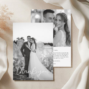 Modern Black and White Script Wedding 2 Photos Thank You Card