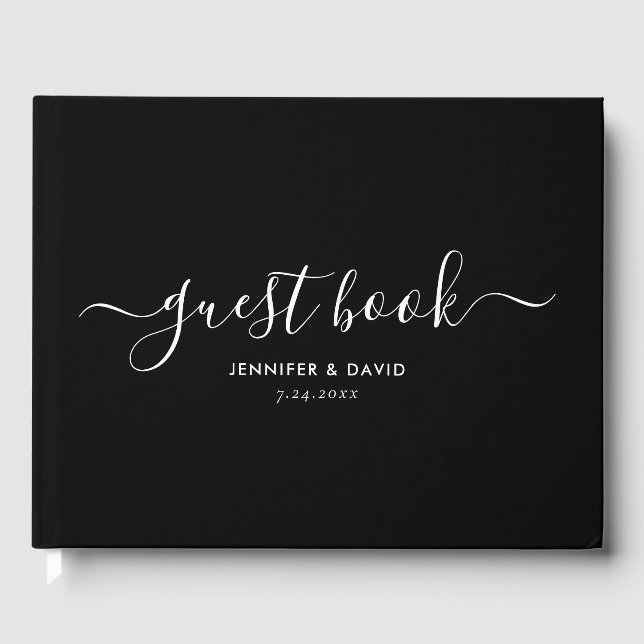 Modern Black and White Script Wedding Guest Book (Front)