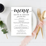 Modern Black and White Script Wedding Menu<br><div class="desc">Modern and chic black and white wedding menu cards feature a stylish black typographic design with bold calligraphy script accents and elegant custom text that can be personalised with your delicious dinner menu details and a monogram of the bride and groom names and wedding date.</div>