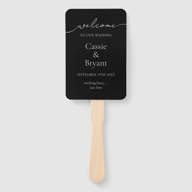 Modern Black and White Script Wedding Program Hand Fan (Front)