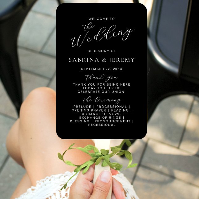Modern Black and White Script Wedding Program Hand Fan (Creator Uploaded)